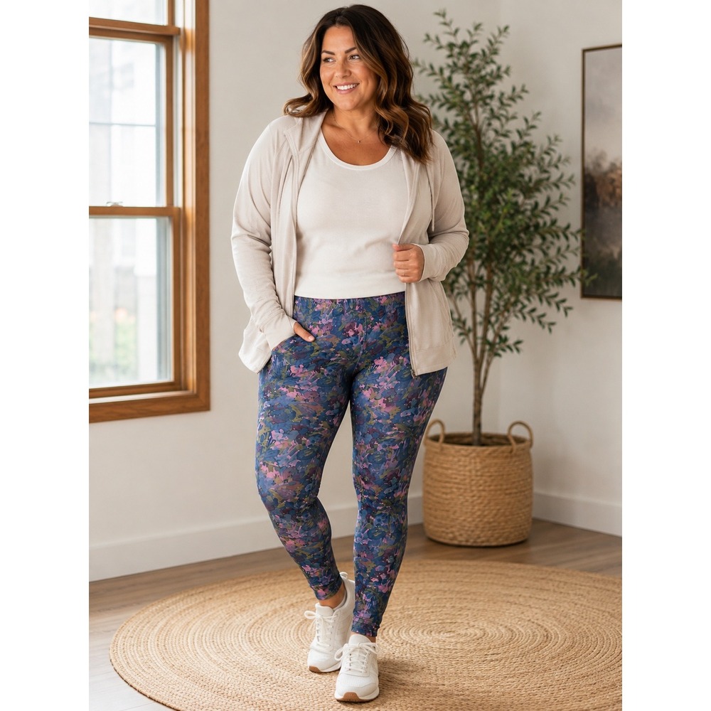 Free Fly Women's 1X High Rise Floral Leggings Side Pocket Blue Pink Activewear